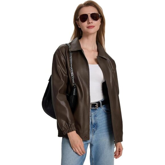 Women's Brown Faux Leather Zip-Up Jacket with Elastic Cuffs and Collar - Picture 3 of 7